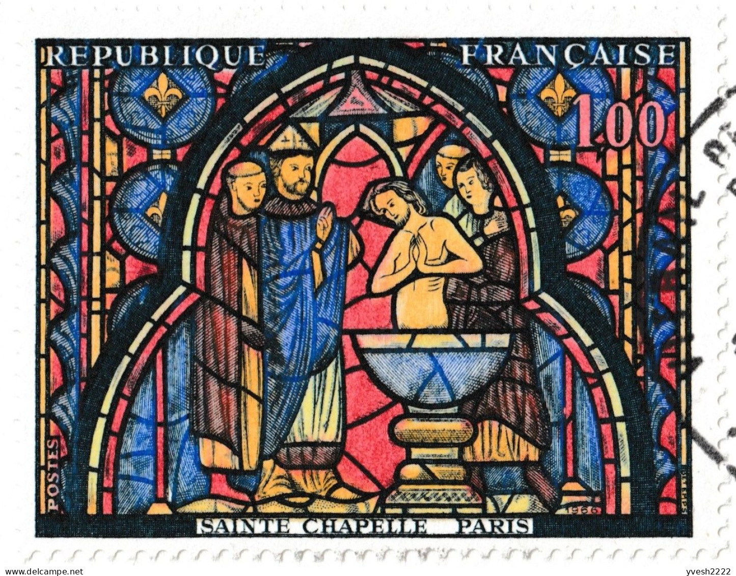 France 1966 Y&T 1492. Vitrail De La Sainte Chapelle. 3 CM. Baptême De Jésus. Curiosités : Christ Jaune / Rose - Glas & Fenster