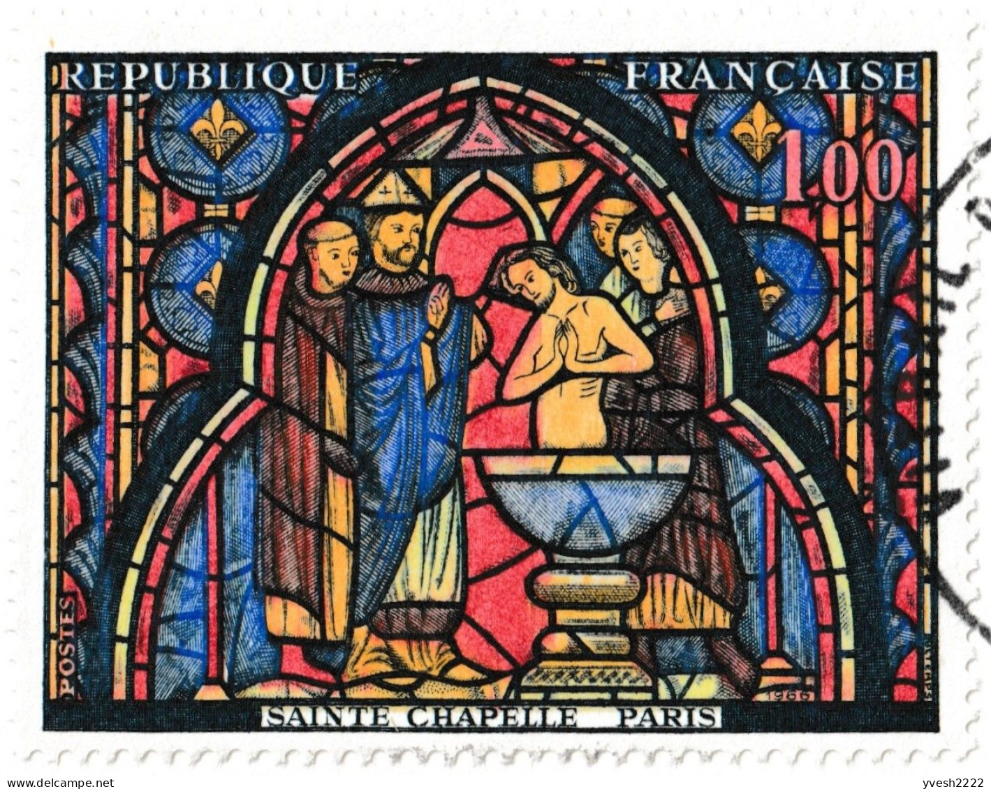 France 1966 Y&T 1492. Vitrail De La Sainte Chapelle. 3 CM. Baptême De Jésus. Curiosités : Christ Jaune / Rose - Verres & Vitraux