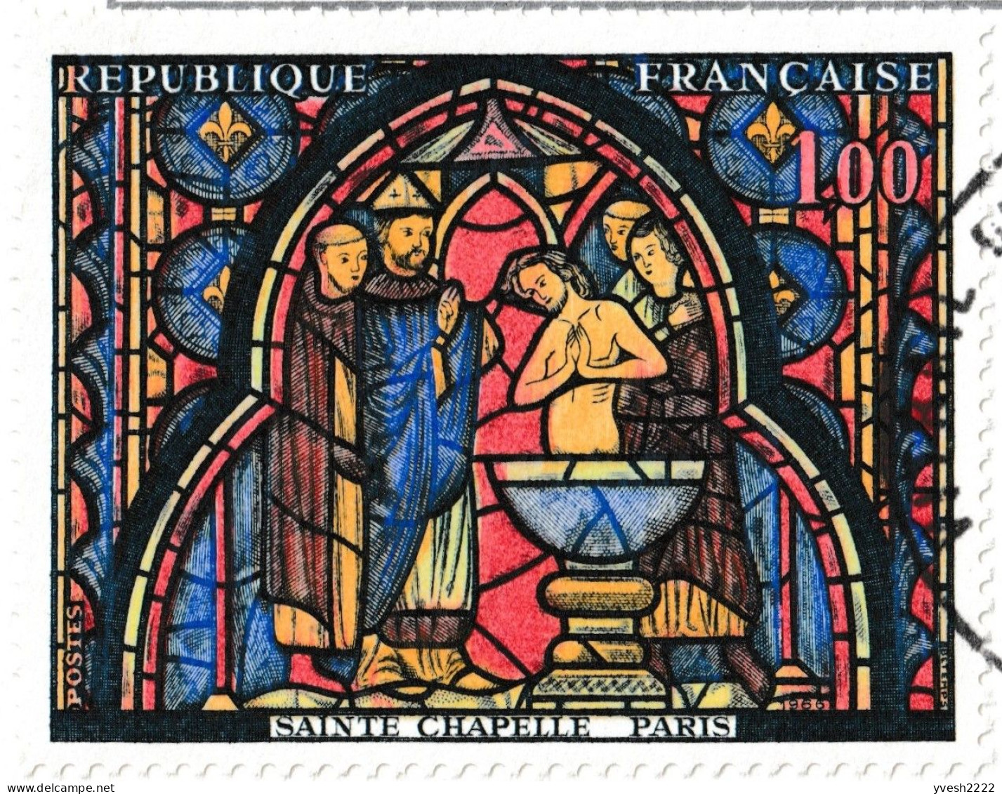 France 1966 Y&T 1492. Vitrail de la sainte Chapelle. 3 CM. Baptême de Jésus. Curiosités : Christ jaune / rose