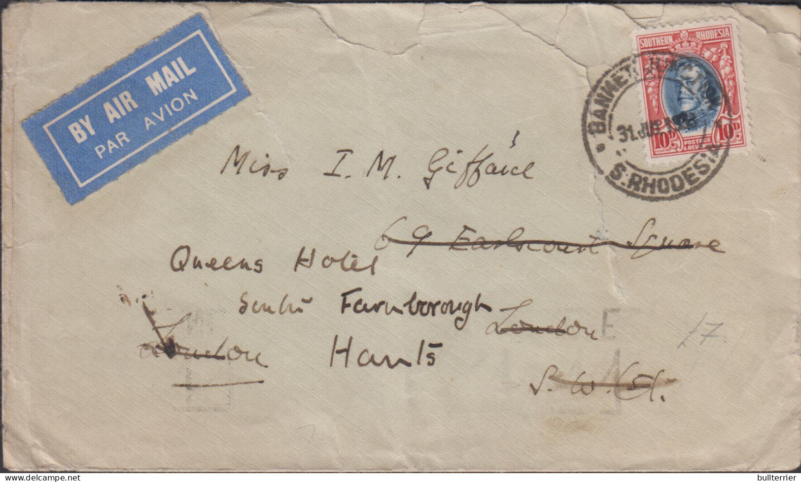 Southern Rhodesia 1933- Airmail Cover To UK Redirected To Farnborough - Southern Rhodesia (...-1964)
