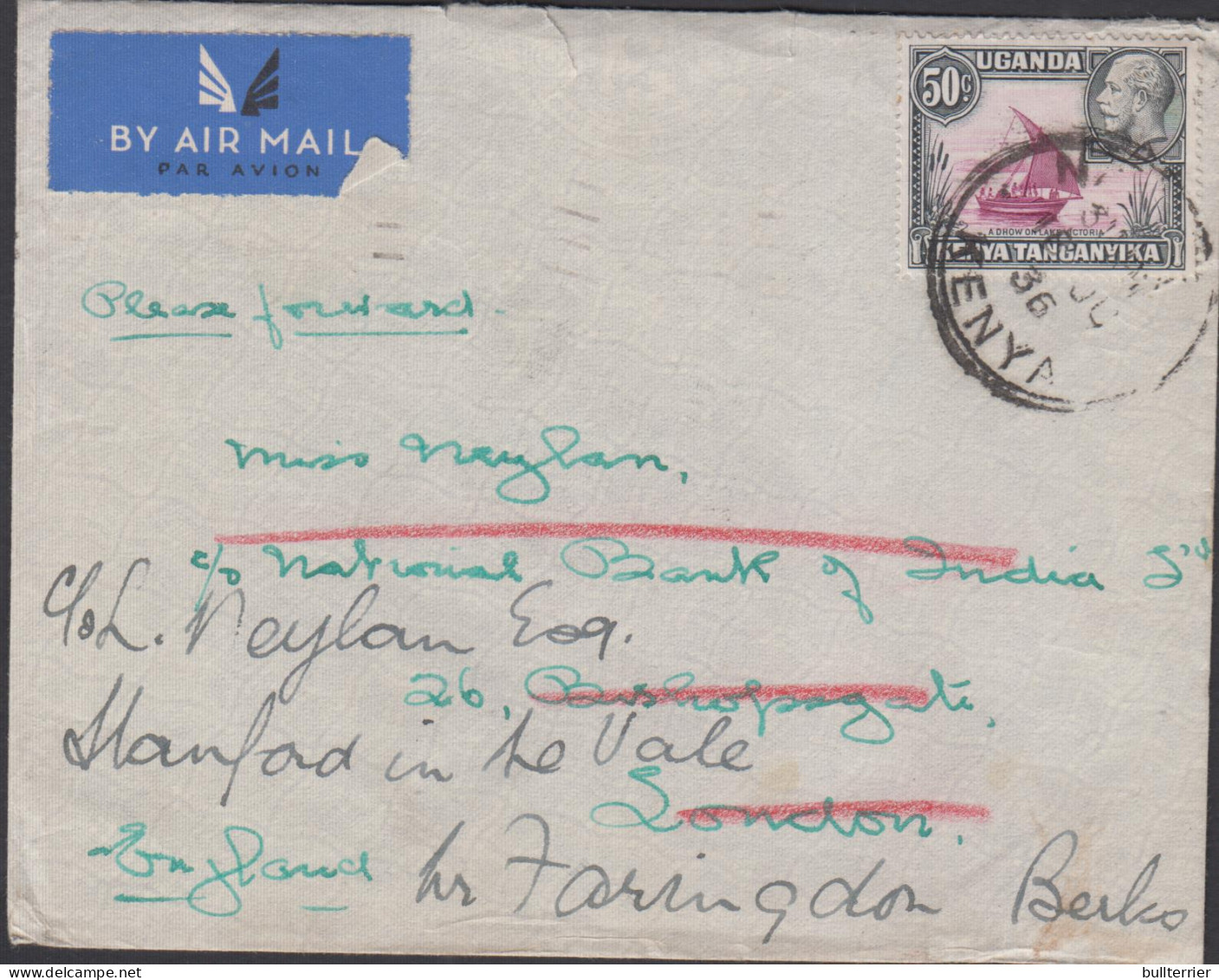 KUT 1936 Airmail Cover To London Redirected To Farringdon - Kenya, Uganda & Tanganyika