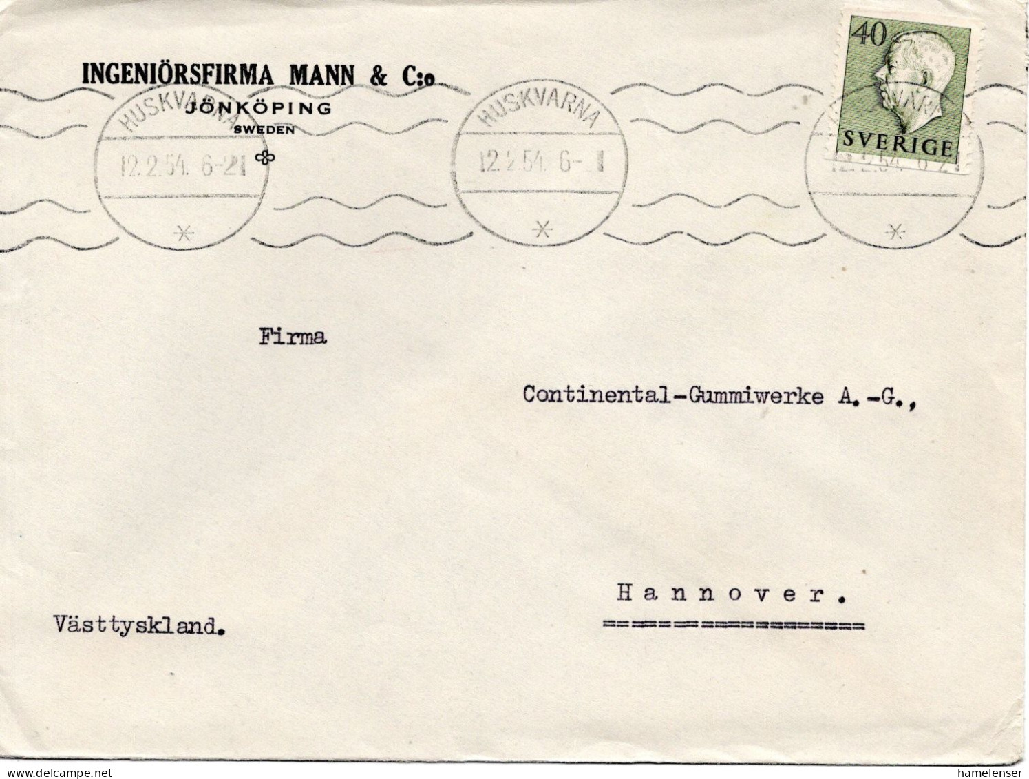 73453 - Schweden - 1954 - 40o Gustav VI EF A Bf HUSKVARNA -> Westdeutschland - Cartas & Documentos