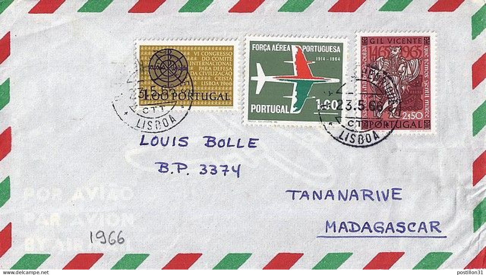PORTUGAL N° 979/974/981 S/L. DE LISBONNE / 23.5.66 POUR MADAGASCAR - Brieven En Documenten