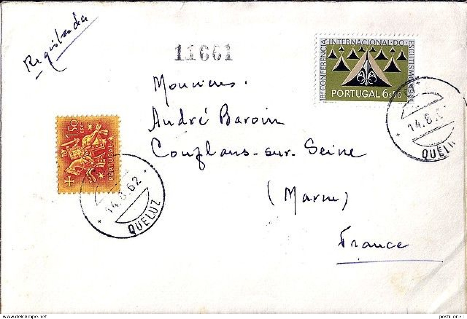 PORTUGAL N° 903/781 S/L.REC. DE QUELUZ / 14.6.62 POUR LA FRANCE - Covers & Documents