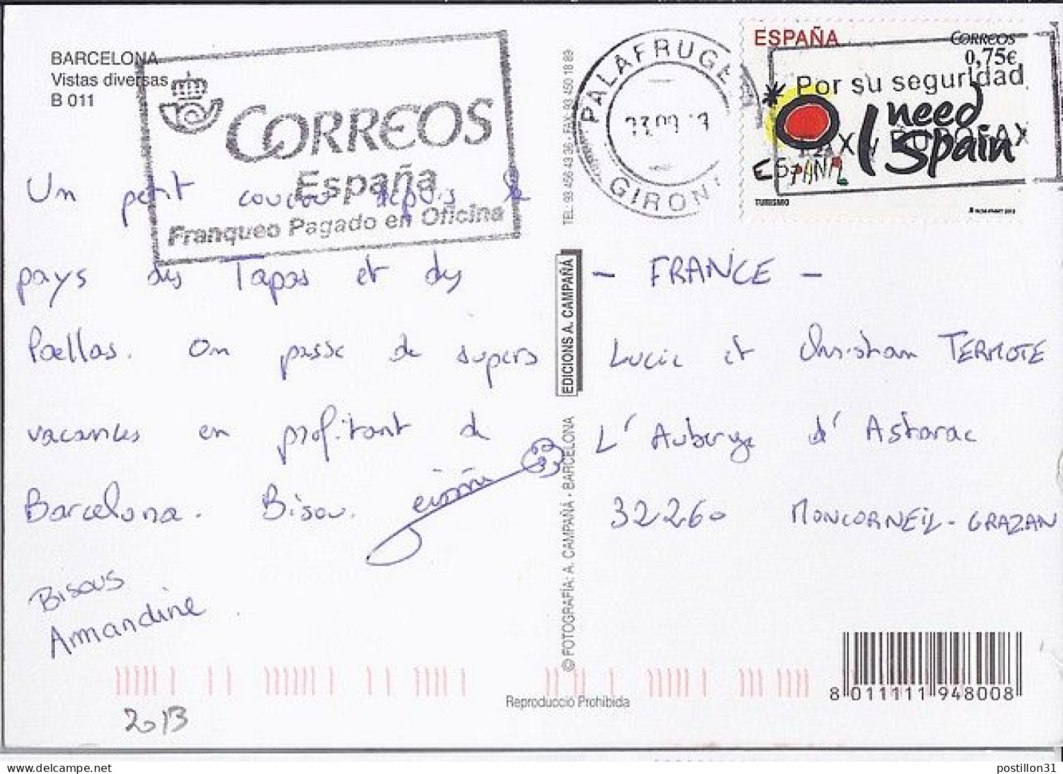 ESPAGNE N° S/L. DE PALAFRUGE/3.9.13 POUR LA FRANCE - Lettres & Documents