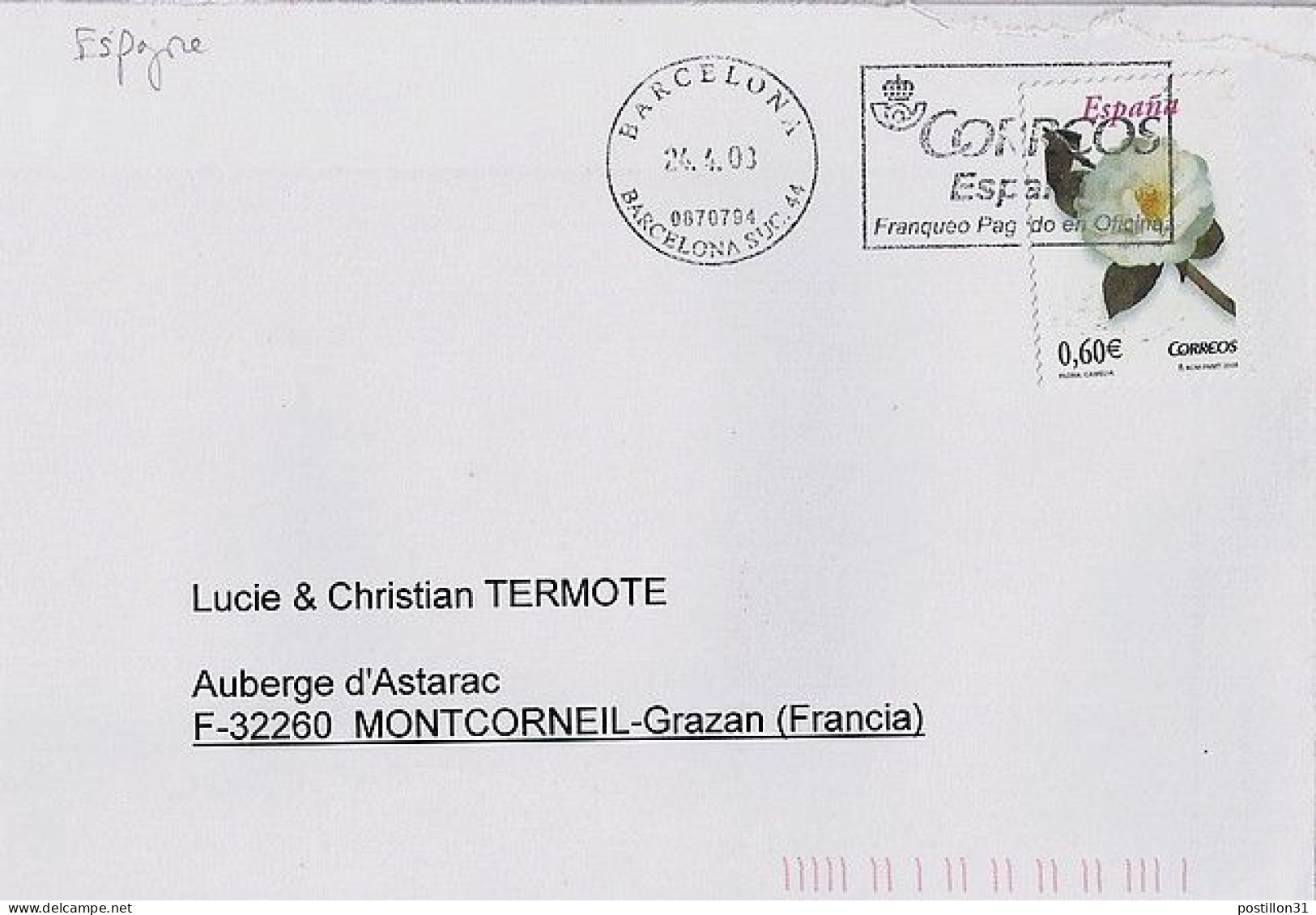 ESPAGNE N° S/L. DE BARCELONE/24.4.08 POUR LA FRANCE - Brieven En Documenten