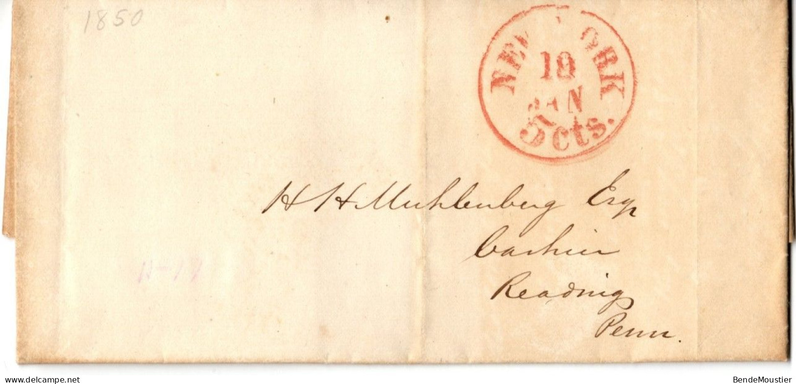 (N162) USA LAC Red Cancellation New York - Rate 5 Cts - Reading (Penn) 1850. - …-1845 Préphilatélie