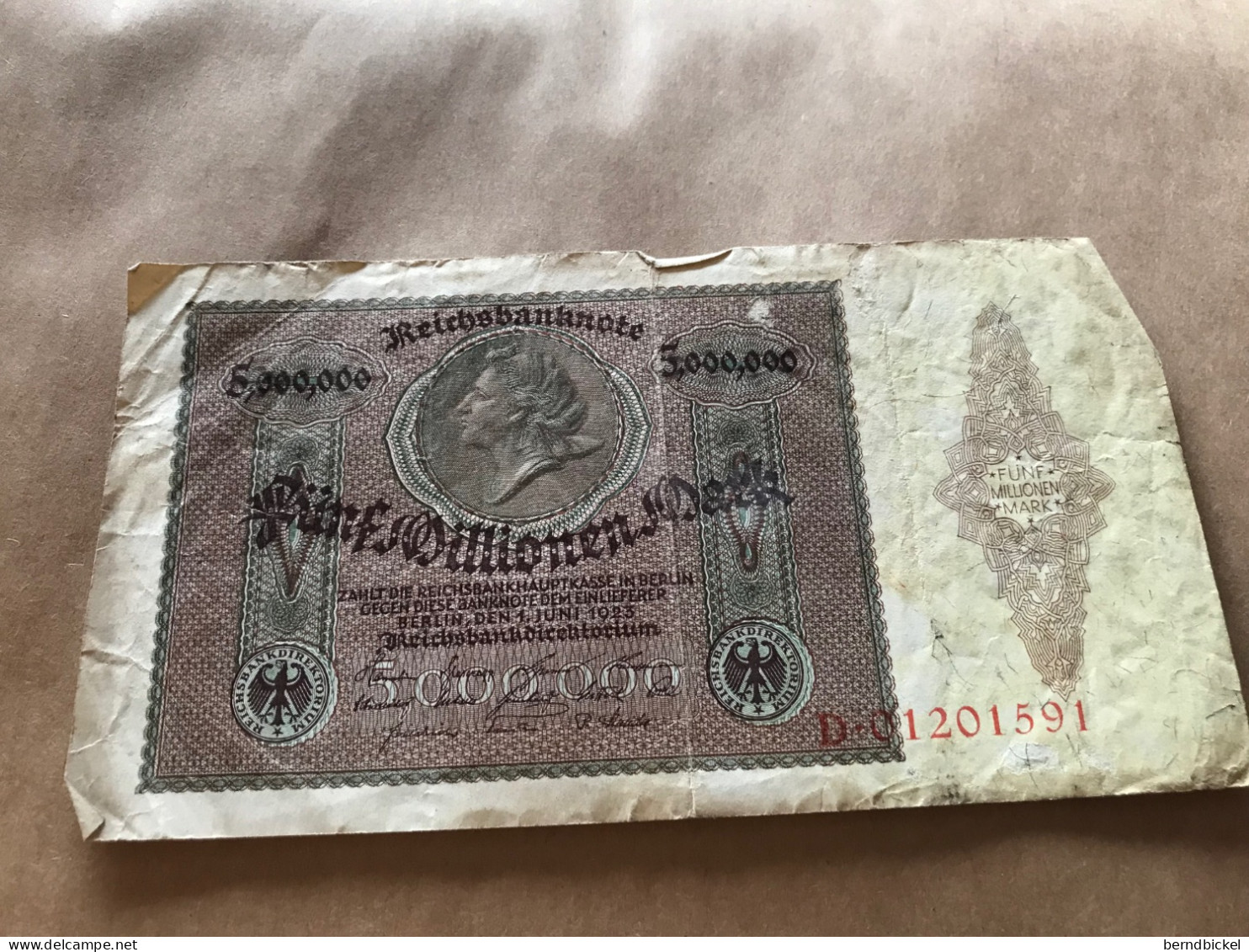 Banknote Reichsbanknote Deutsches Reich 5 Millionen Mark Juni 1923 - 5 Miljoen Mark