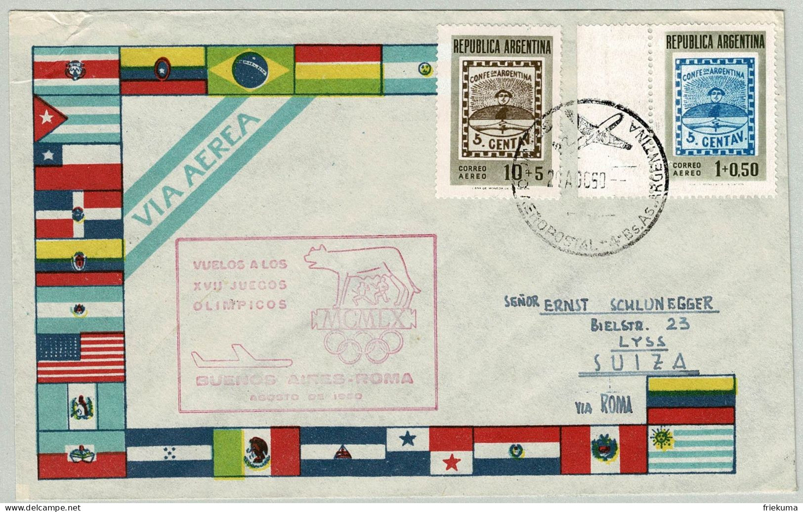 Argentinien 1960, Sonderflugbeleg Buenos Aires - Rom Nach Lyss (CH), Olympische Spiele / Jeux Olympiques / Olympic Games - Covers & Documents