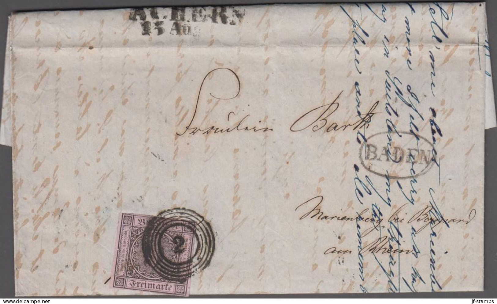 1851. BADEN.  Ziffer Im Kreis. 9 Kr. Single On Beautiful Cover To France Cancelled Nummeral Cancel 2 + BAD... - JF539845 - Brieven En Documenten