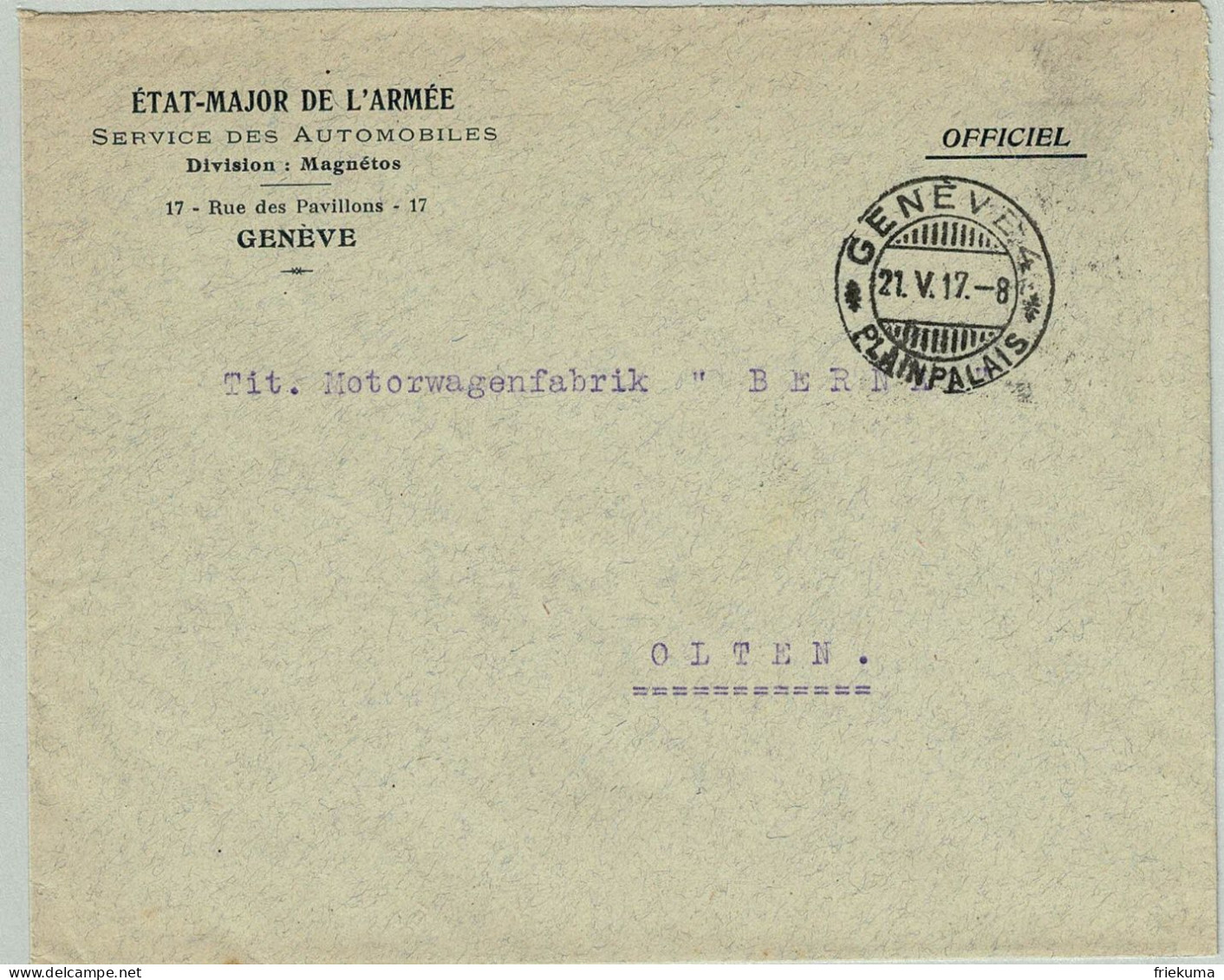 Schweiz / Helvetia 1917, Dienstbrief Genf - Olten - Franchigia