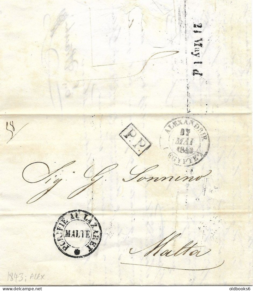 ÄGYPTEN EGYPT 1843, EL ALEXANDRIA To Malta With CHOLERA Stamp On Front, Tax Mark "1d" - Prefilatelia