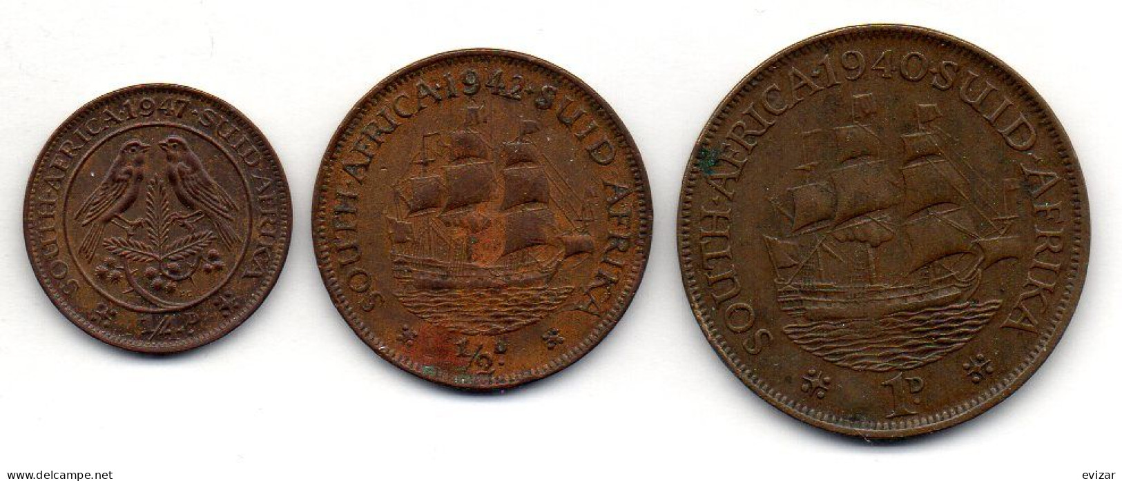 SOUTH AFRICA, Set Of Three Coins 1/4, 1/2, 1 Penny, Bronze, Year 1940-47, KM # 23, 24, 25 - South Africa