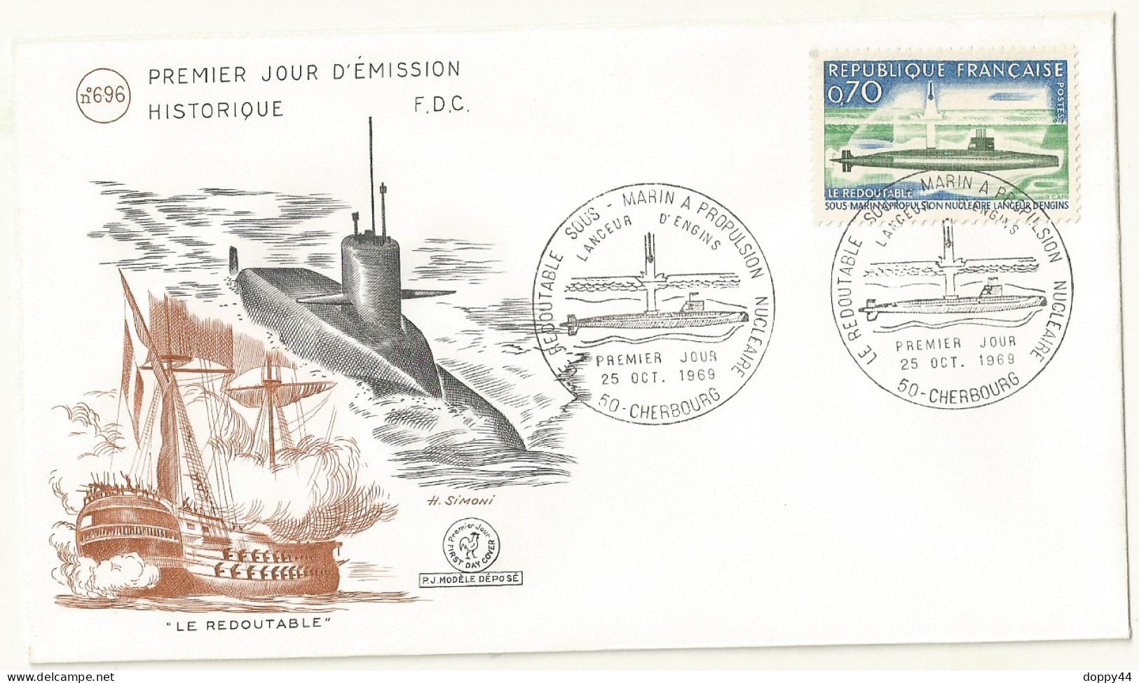 THEME SOUS MARINS  FDC LE REDOUTABLE  CACHET CHERBOURG DU 25/10 /1969. - U-Boote