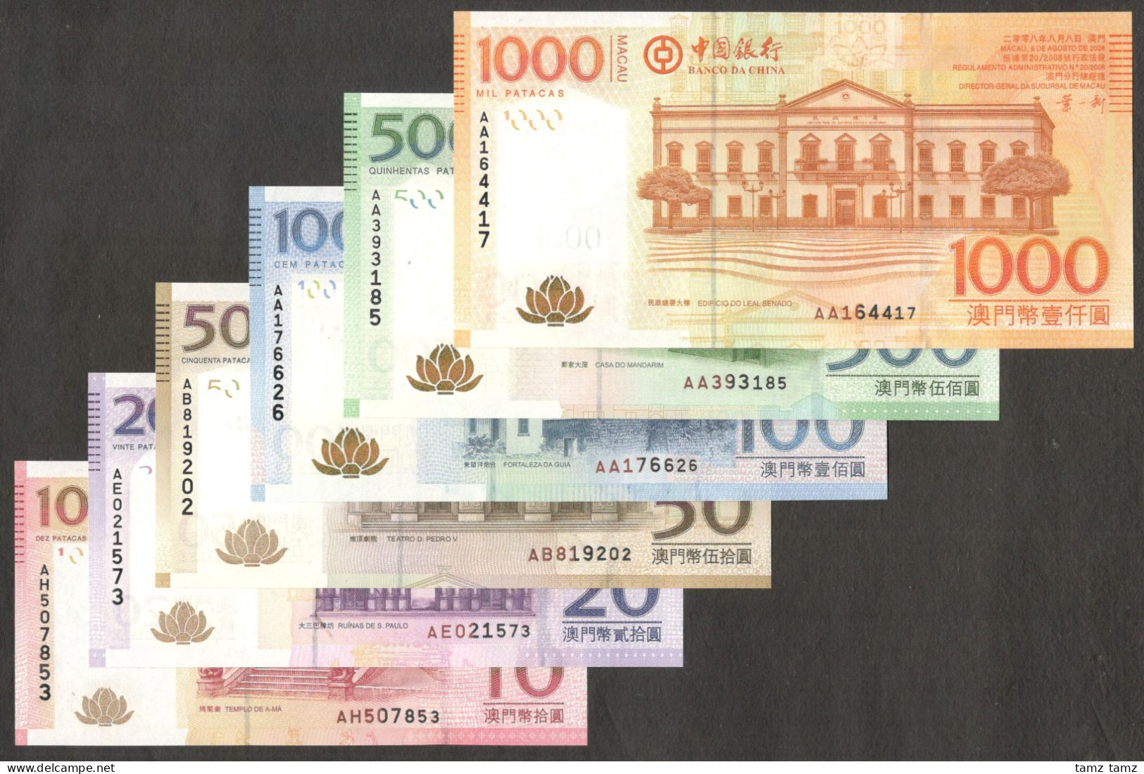 FullSet 6 Pcs Macau Macao 1000 500 100 (1st AAPrefix) 50 20 10 Patacas 2008 UNC - Macao