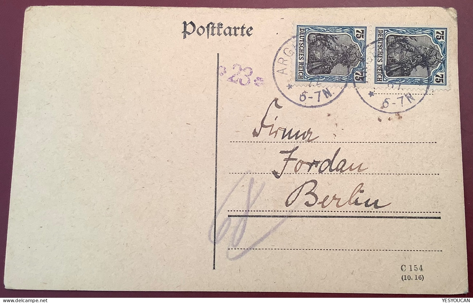 Mi.104 Bessere MEF ARGENTHAL (ALTWEIDELBACH)1922 Postkarte>Berlin (Rhein-Hunsrück-Kreis Germania Infla Rohrpost? - Covers & Documents