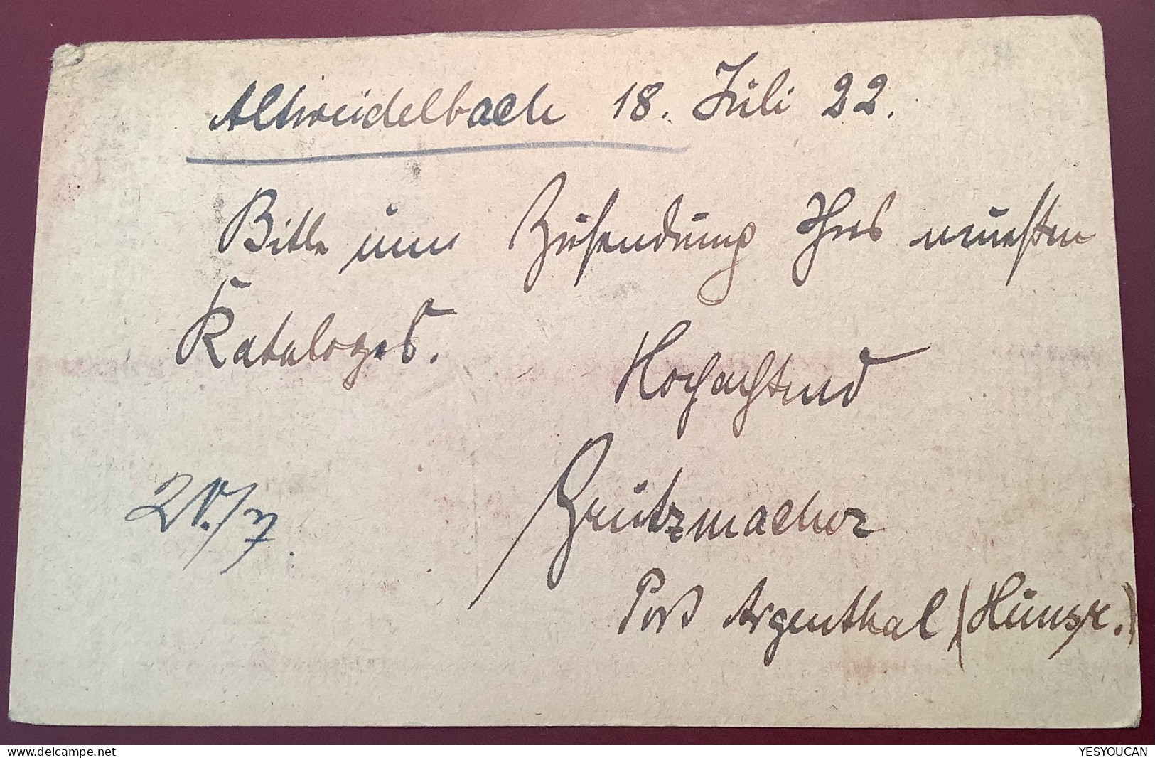 Mi.104 Bessere MEF ARGENTHAL (ALTWEIDELBACH)1922 Postkarte>Berlin (Rhein-Hunsrück-Kreis Germania Infla Rohrpost? - Covers & Documents