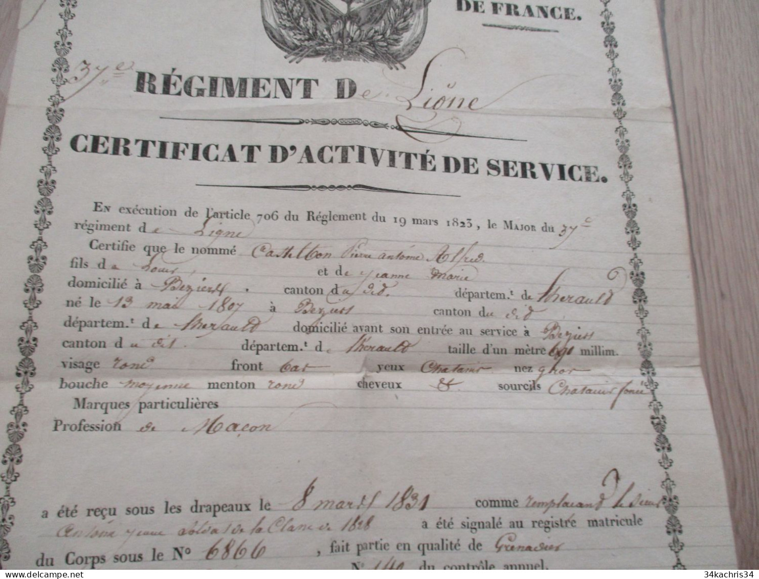 Esto Royaume De France 37ème Régiment De Ligne Certificat De Service 1832 Castilbon De Béziers Grenadier Restauré Scotch - Documenten
