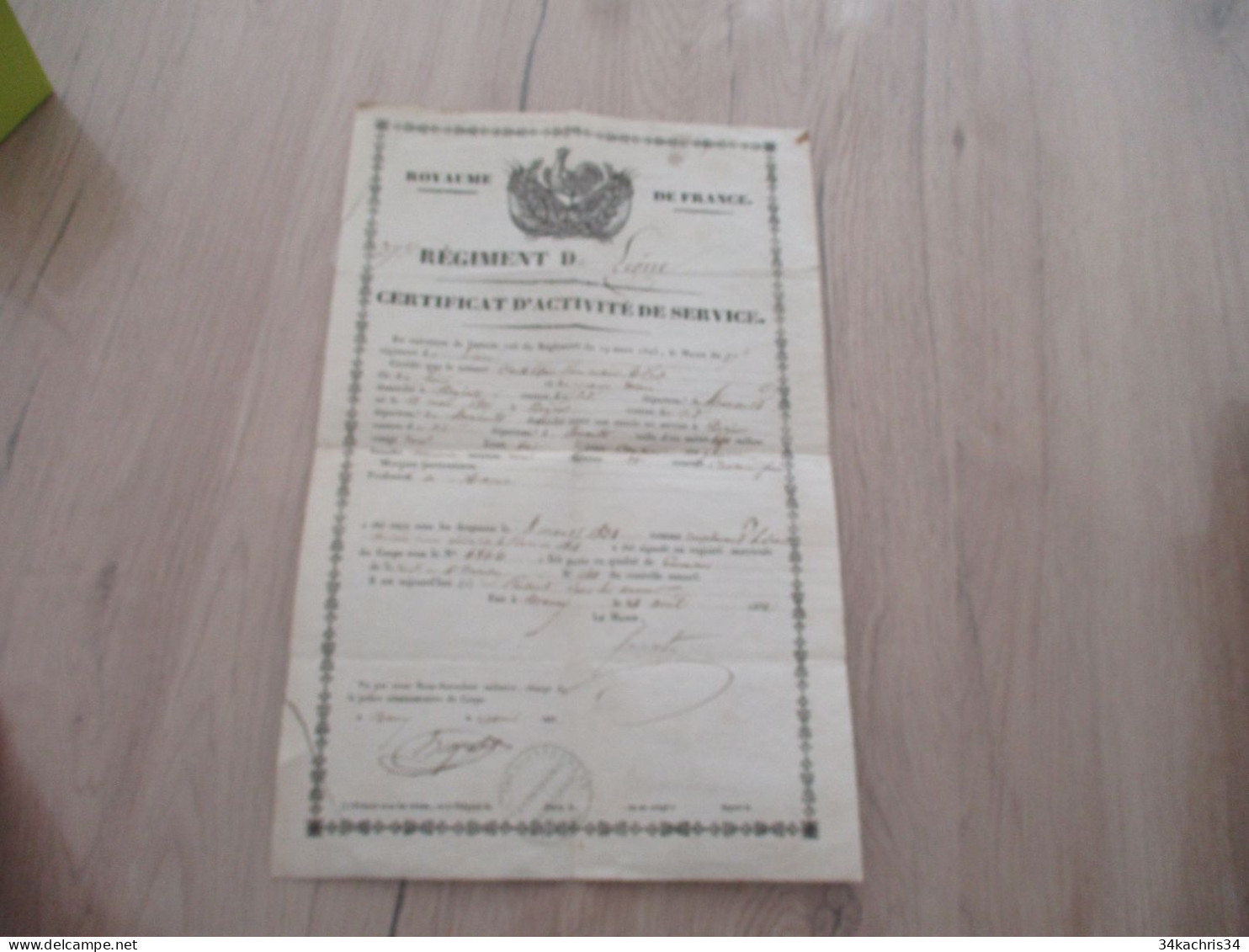 Esto Royaume De France 37ème Régiment De Ligne Certificat De Service 1832 Castilbon De Béziers Grenadier Restauré Scotch - Documentos