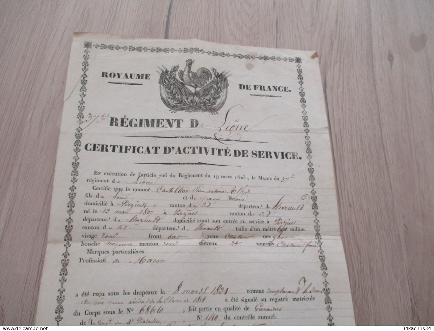 Esto Royaume De France 37ème Régiment De Ligne Certificat De Service 1832 Castilbon De Béziers Grenadier Restauré Scotch - Documentos