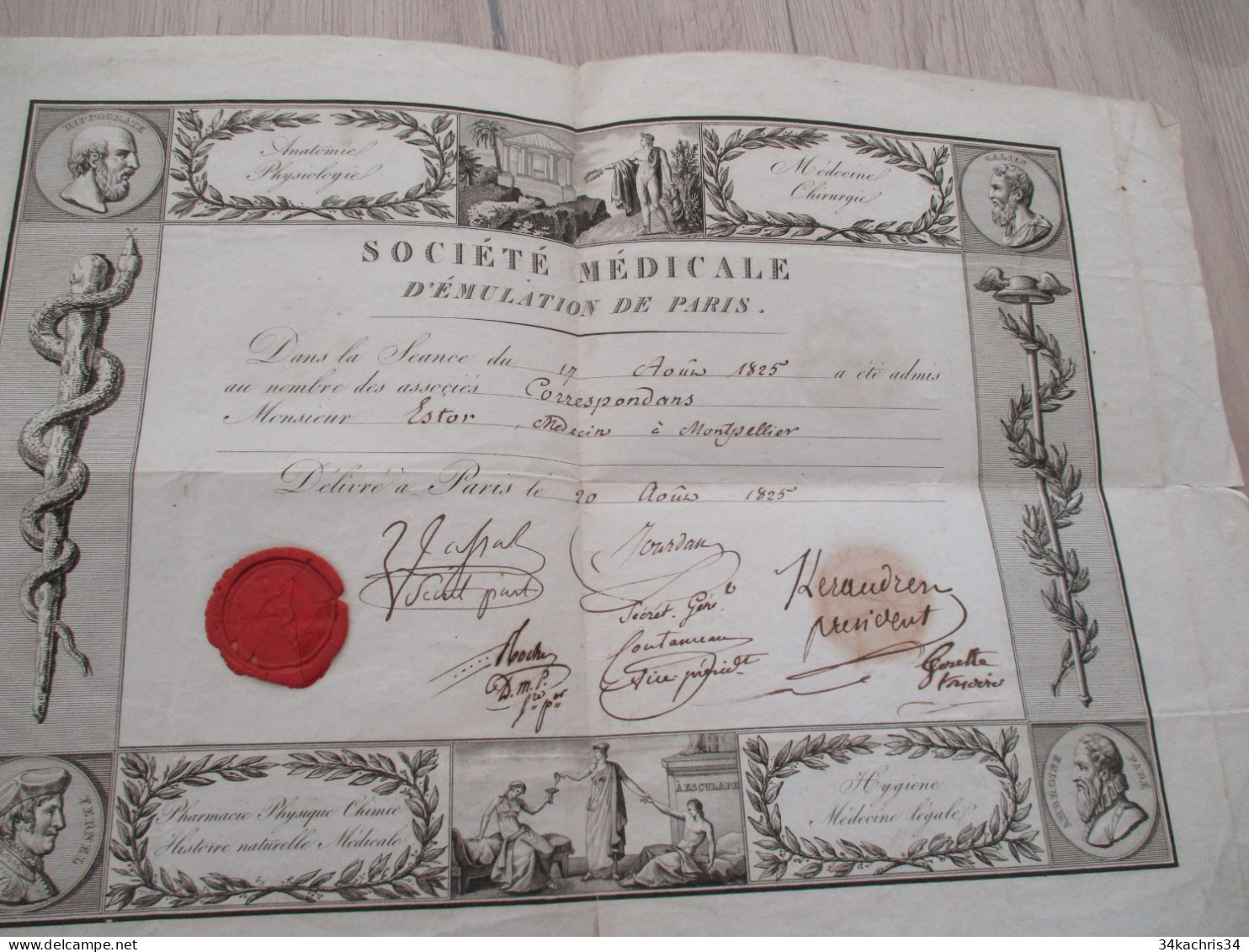 Esto Très Rare Diplôme Médecine Illustré Avec Sceau Autographe Société Médicale D'émulation De Paris Estor Montpellier - Diploma & School Reports