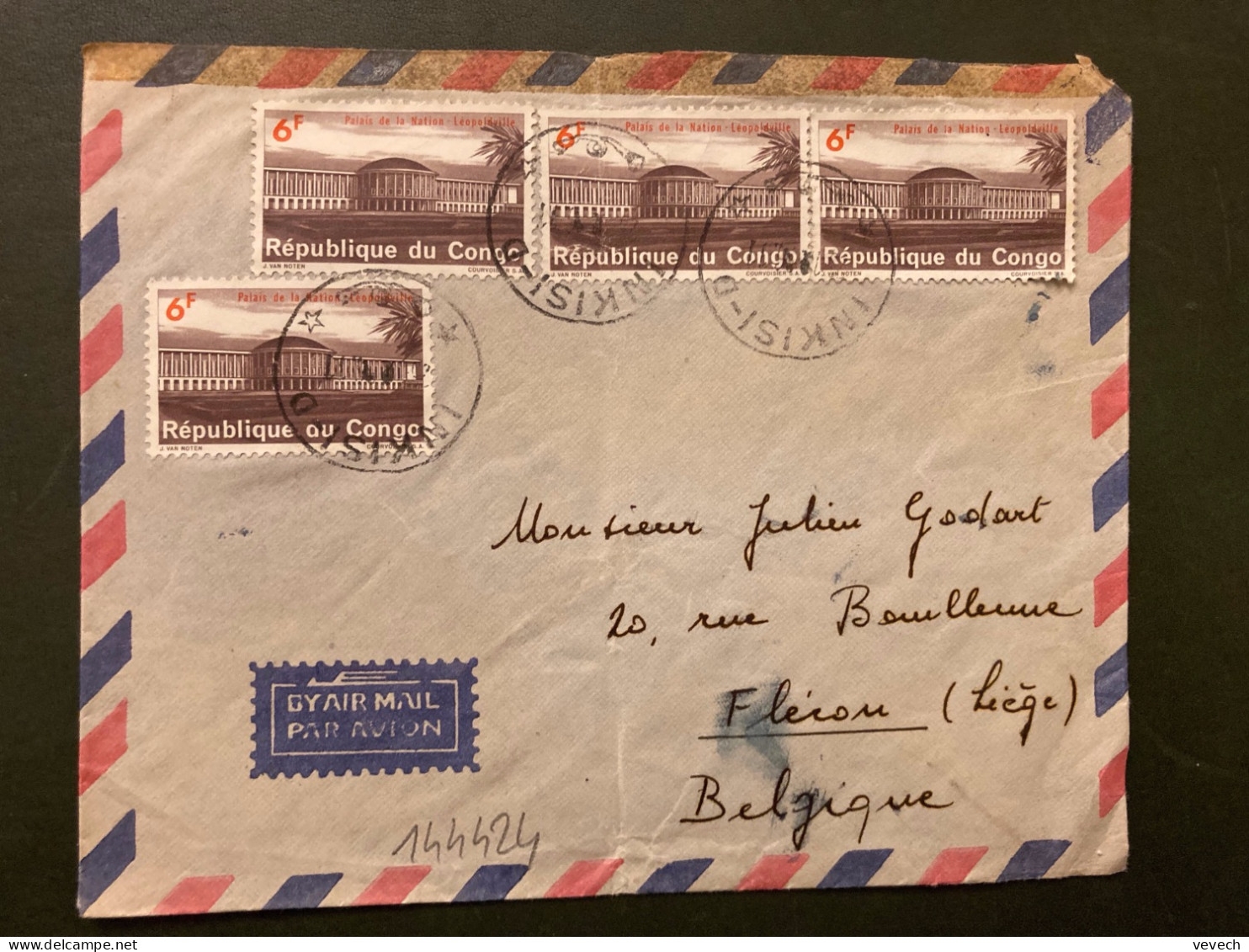 LETTRE Par Avion Pour La BELGIQUE TP PALAIS DE LA NATION 6F X4 OBL.1 INKISI-D - Cartas & Documentos