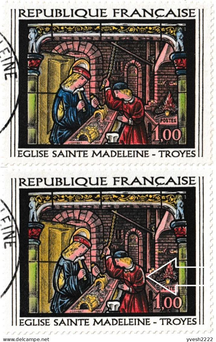 France 1967 Y&T 1531. Vitrail De L'église Ste Madeleine à Troyes. 2 CM. Saint Éloi Et Son Apprenti. Curiosité Dos Blanc - Glas & Fenster