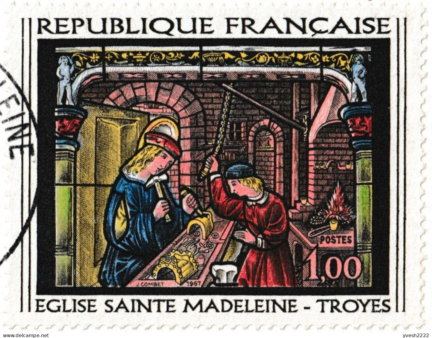 France 1967 Y&T 1531. Vitrail De L'église Ste Madeleine à Troyes. 2 CM. Saint Éloi Et Son Apprenti. Curiosité Dos Blanc - Glas & Fenster