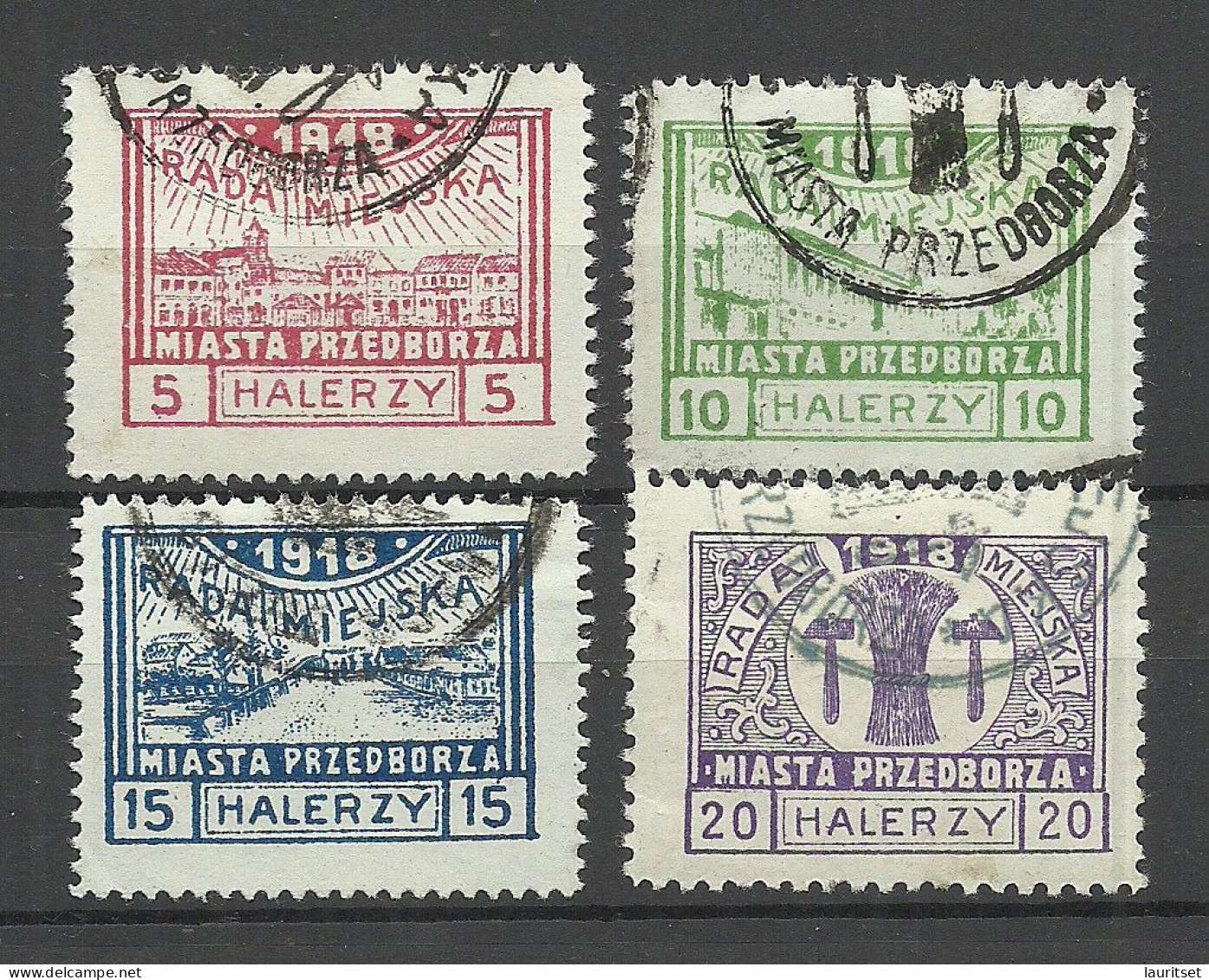 Poland Polen Polska 1918 Local Post Przedborz Michel 11 - 14 O (Mi 14 Is Perf 10, All Others Perf 11 1/2) Incl. FAUX! - Usados