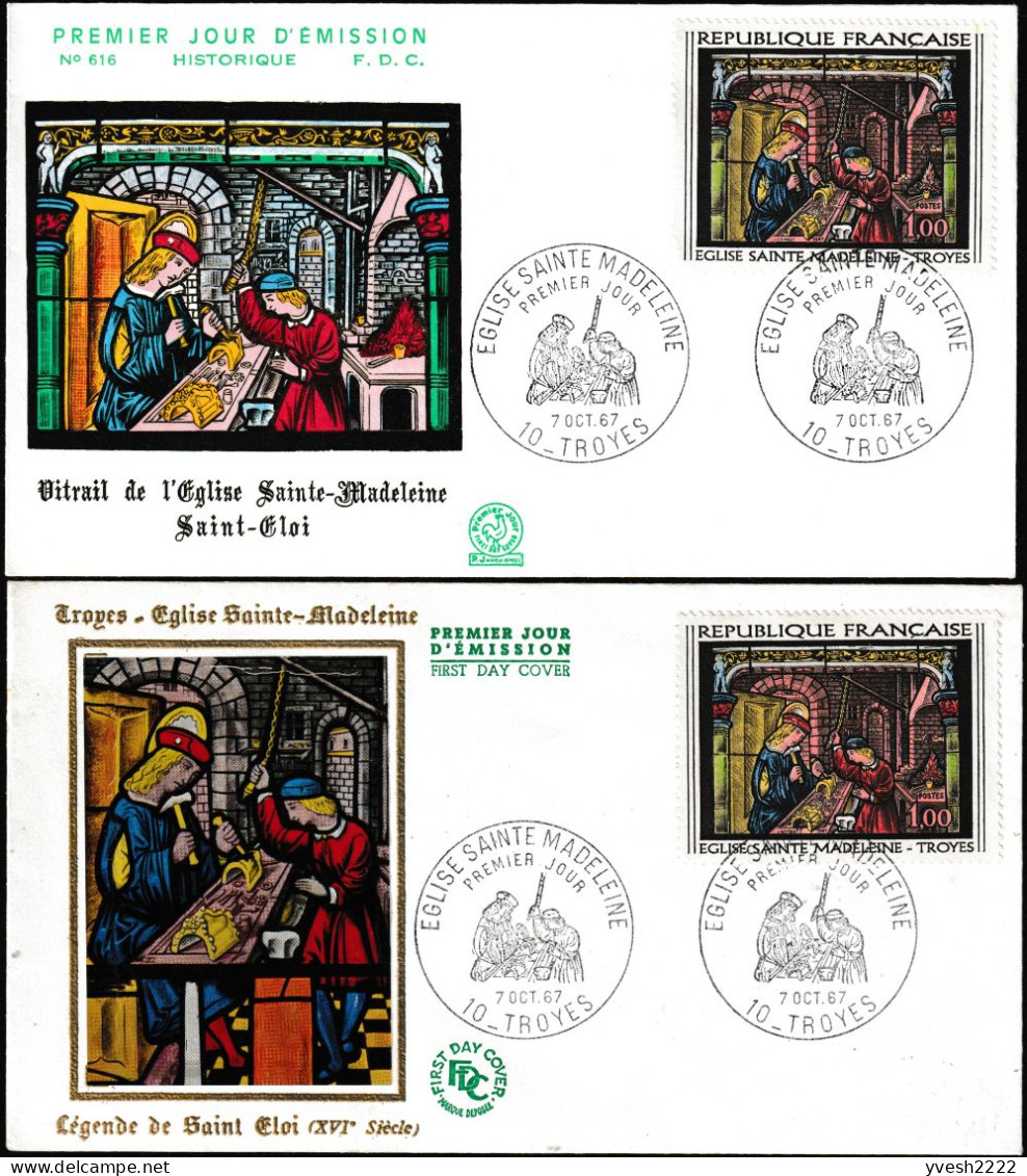 France 1967 Y&T 1531. Vitrail De L'église Ste Madeleine à Troyes. Saint Éloi Et Son Apprenti. 2 FDC, Voir Illustrations - Glas & Fenster