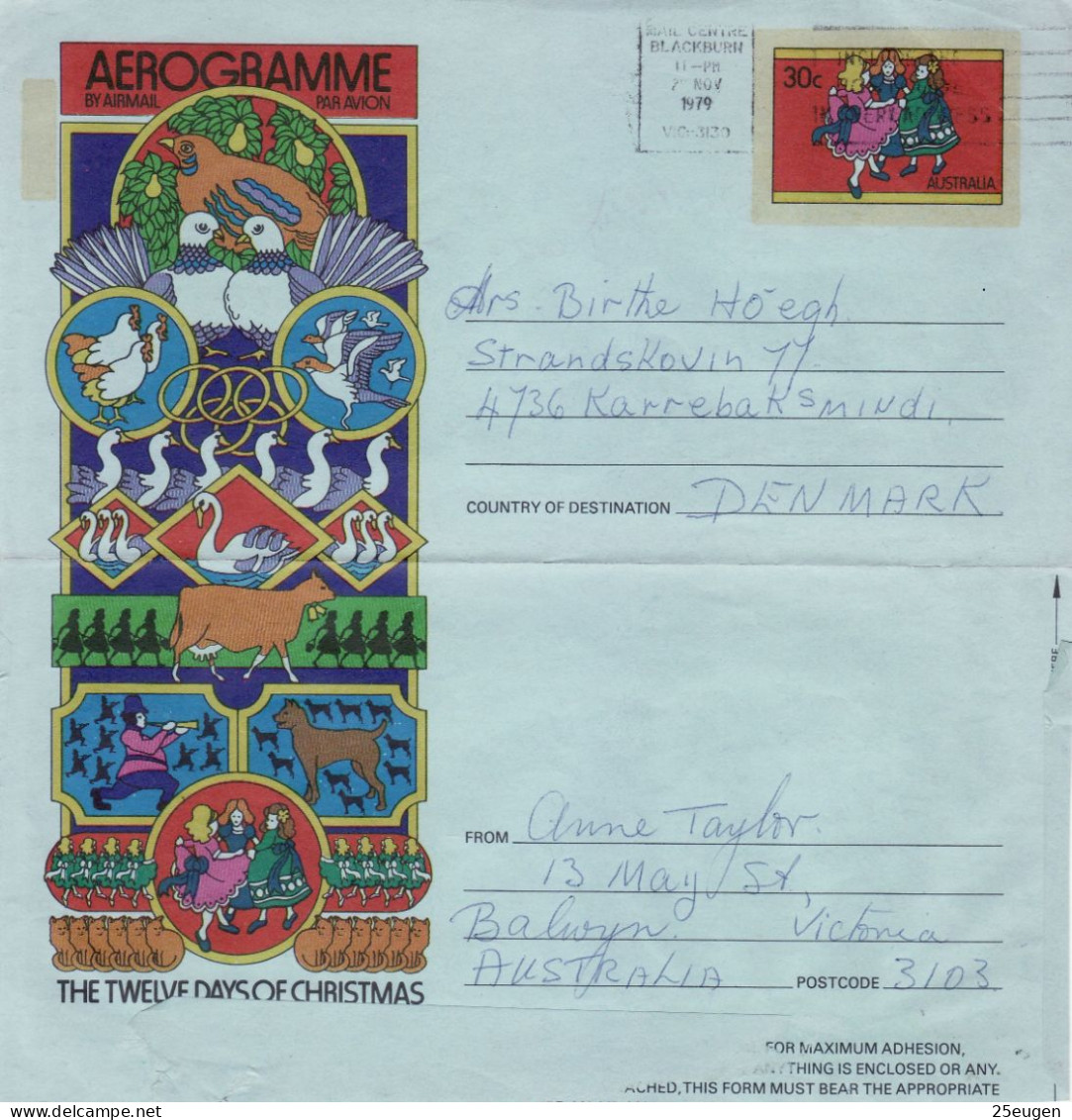 AUSTRALIA 1979 AEROGRAMME SENT TO DENMARK - Covers & Documents