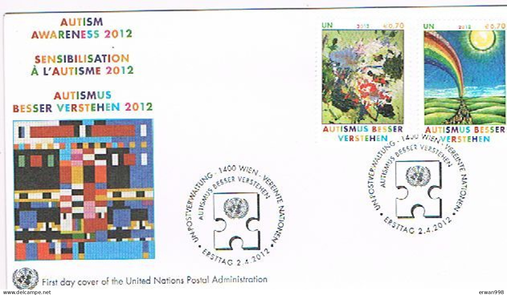 ONU Bureau De VIENNE (Autriche) 2 Timbres "sensibilisation à L'autisme" 1er Jour 2/4/2012 Thème: Santé  200 - Cartas & Documentos