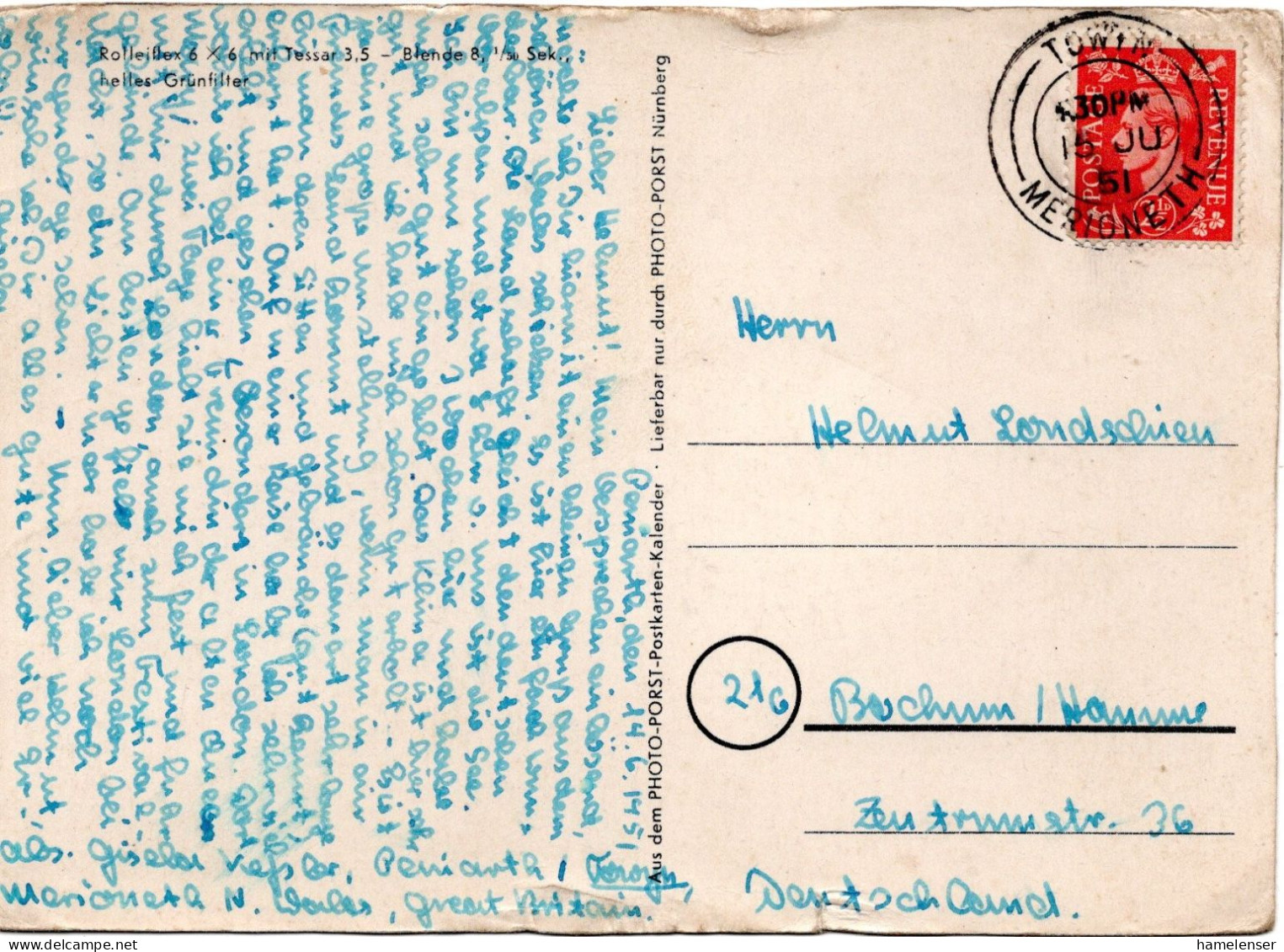 73463 - Grossbritannien - 1951 - 2,5d KGVI EF A AnsKte TOWYN -> Westdeutschland - Briefe U. Dokumente