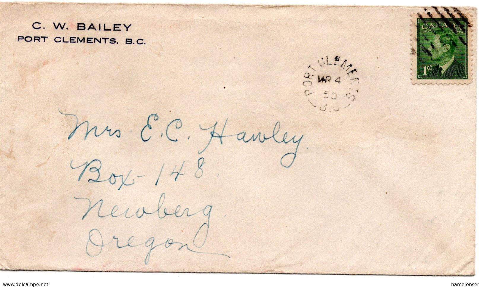 73465 - Canada - 1950 - 1¢ KGVI EF A Bf PORT CLEMENTS BC -> Newberg, OR (USA) - Storia Postale