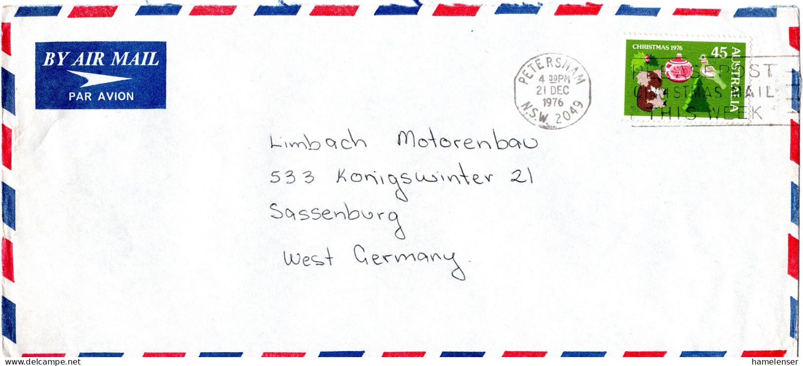 L73476 - Australien - 1976 - 45c Weihnachten '76 EF A LpBf PETERSHAM - ... -> Westdeutschland - Storia Postale