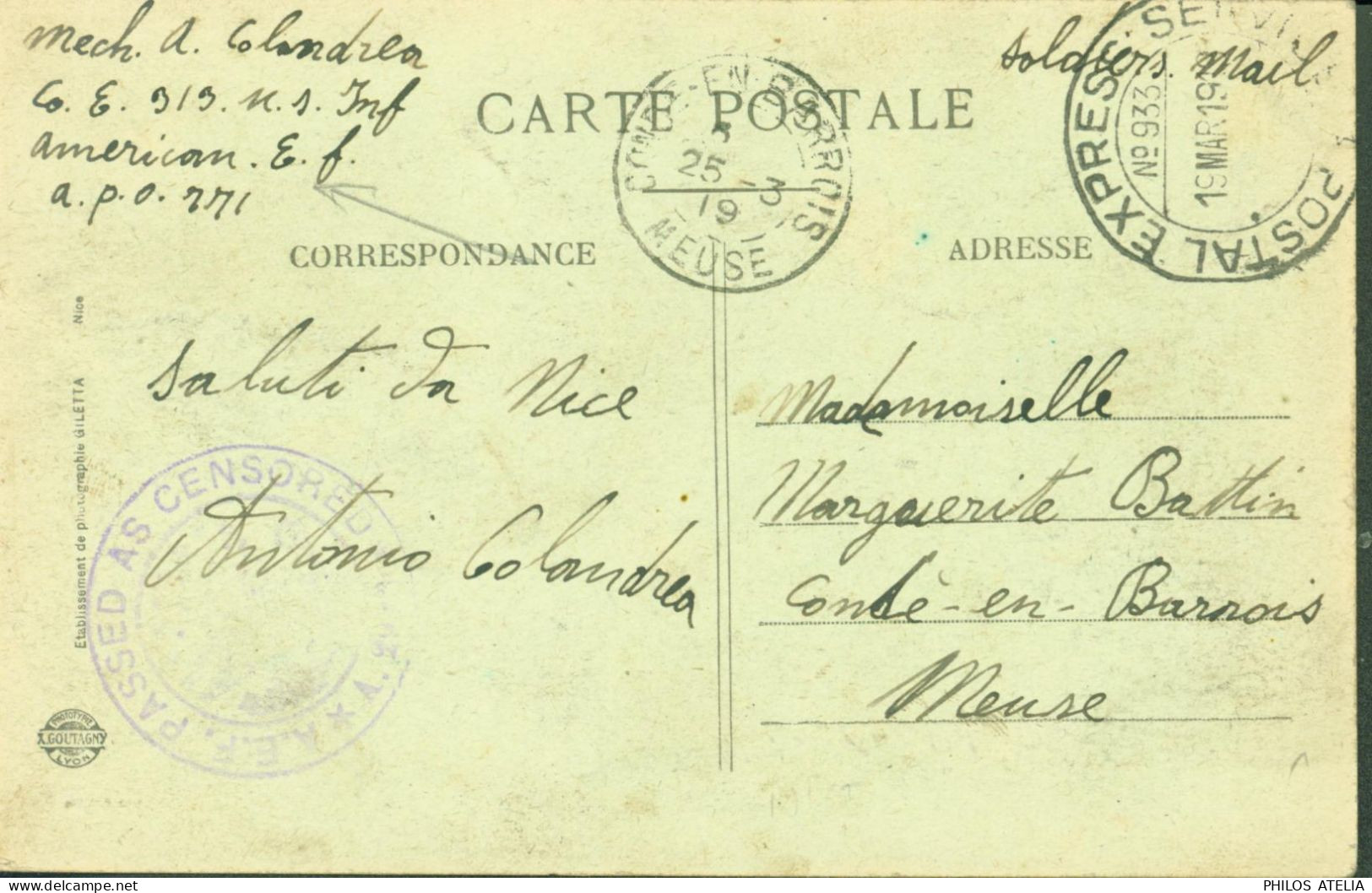 Guerre 14 Armée Américaine à Nice APO 771 Censure AEF Passed As Censored A 29 CAD Express Service Postal N°933 - Guerra Del 1914-18