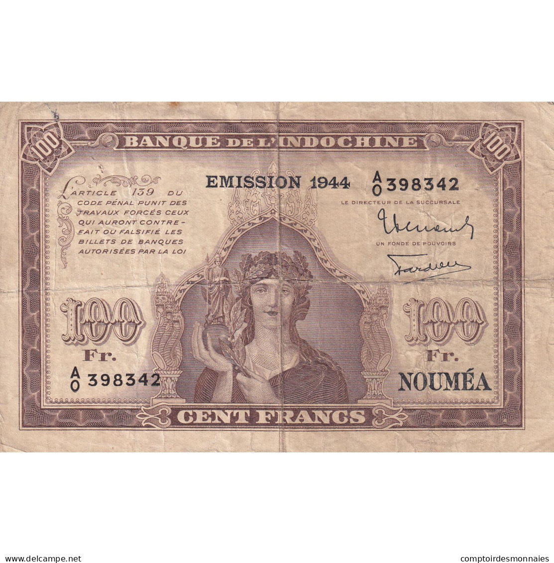 Billet, Nouvelle-Calédonie, 100 Francs, 1942, Undated (1942), KM:46b, TB - Nouméa (Neukaledonien 1873-1985)