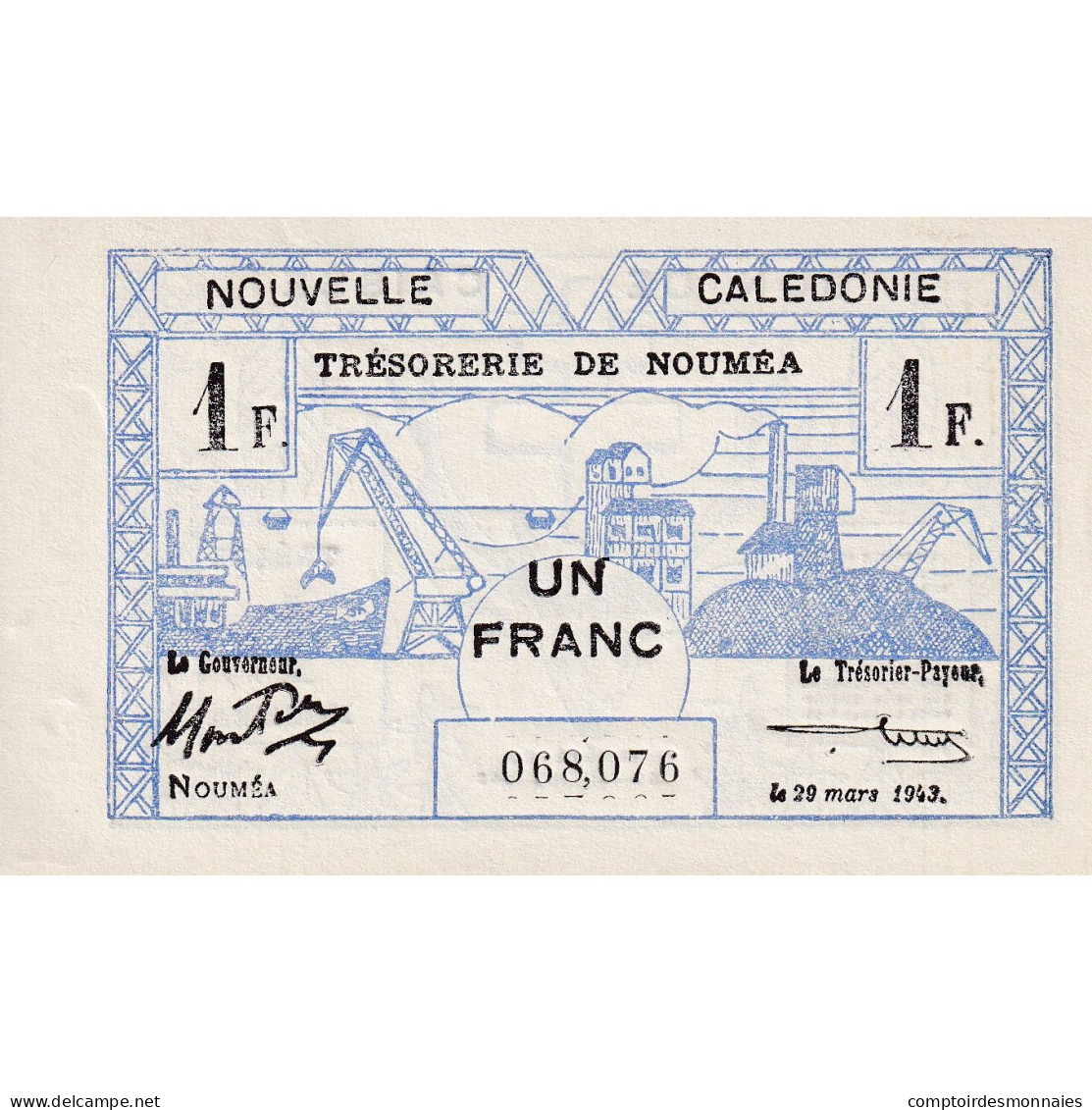 Billet, Nouvelle-Calédonie, 1 Franc, 1943, 1943-03-29, KM:55a, NEUF - Nouméa (New Caledonia 1873-1985)
