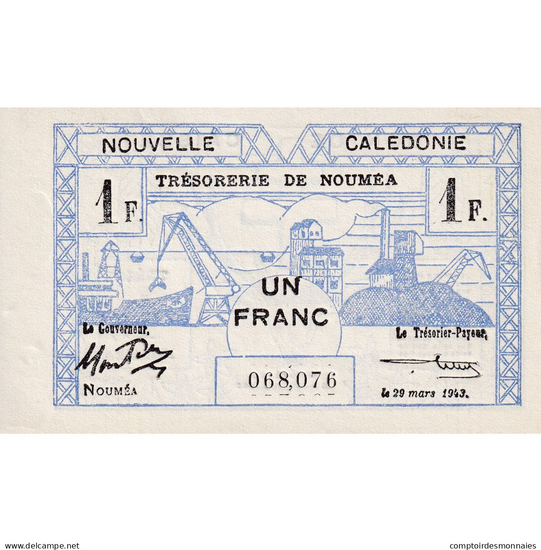 Billet, Nouvelle-Calédonie, 1 Franc, 1943, 1943-03-29, KM:55a, NEUF - Nouméa (Nuova Caledonia 1873-1985)