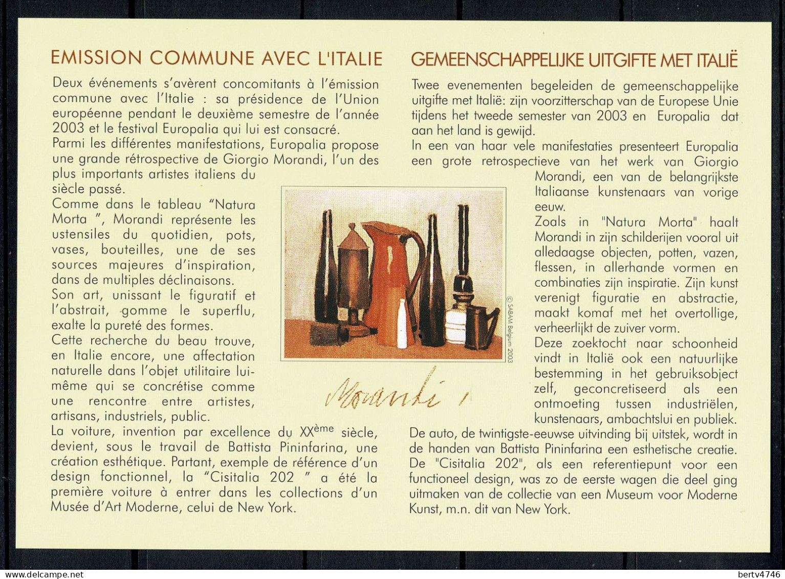 Belg. 2003 - 3205HK België/Italië - Belgique/Italie - Cartes Souvenir – Emissions Communes [HK]