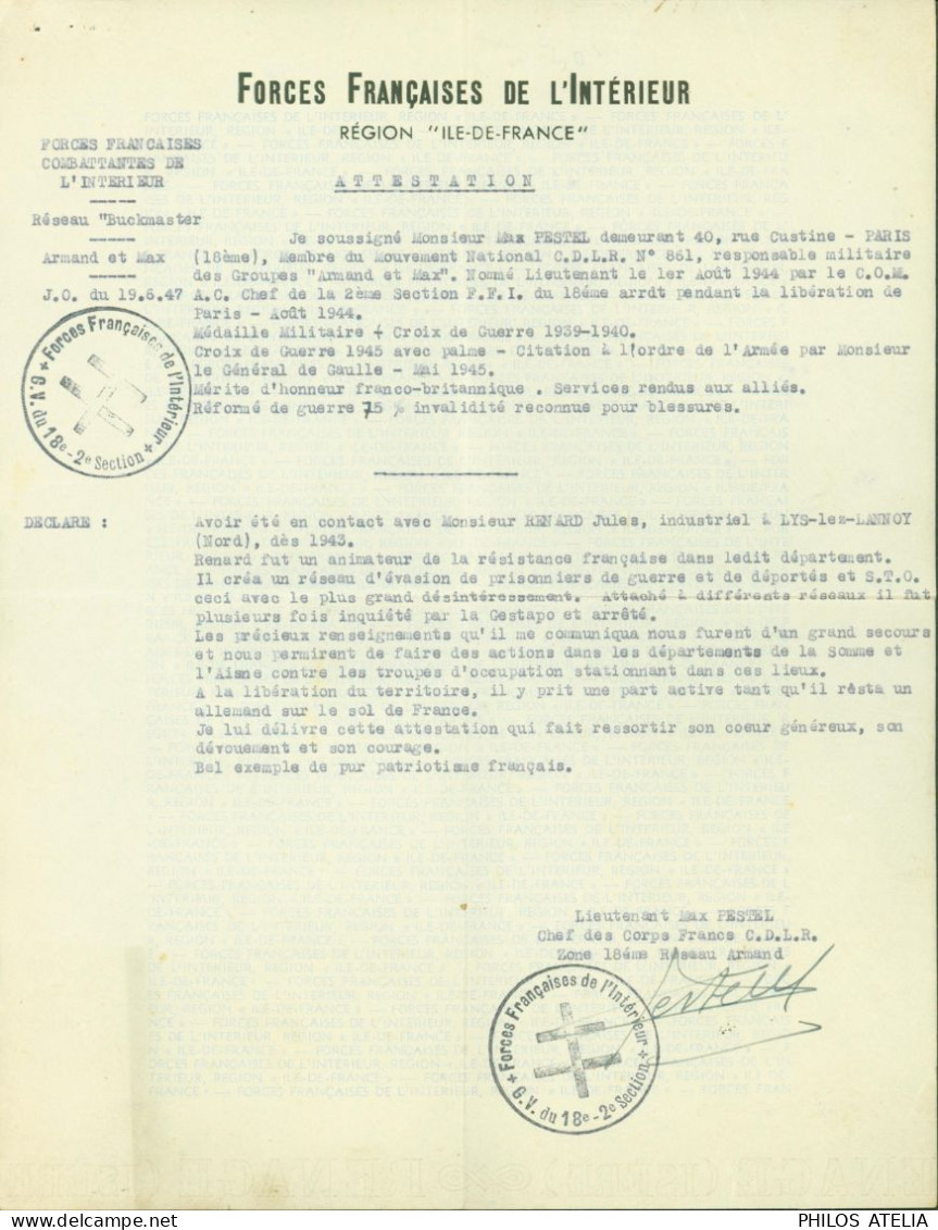 Guerre 40 Attestation Appartenance Résistance Lieutenant Max Pestel Forces Françaises De L'Intérieur FFI - WW II