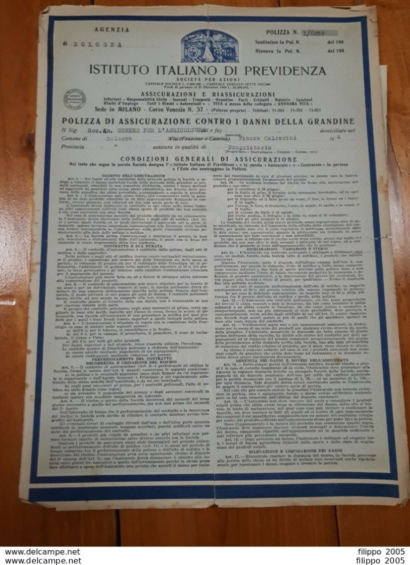 1892/1950 LOTTO DI MODULISTICA POLIZZE ASSICURAZIONE - BOLOGNA ZONE LIMITROFE