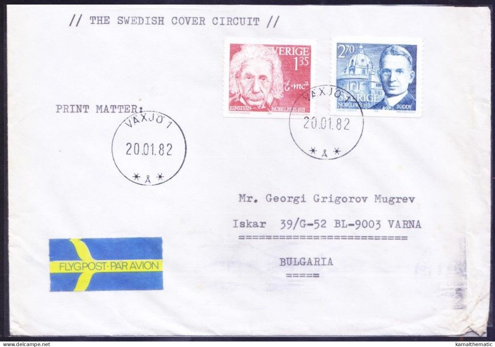 Sweden To Bulgaria 1982 Used Cover, Nobel Laureate Einstein, Frederick Soddy - Albert Einstein