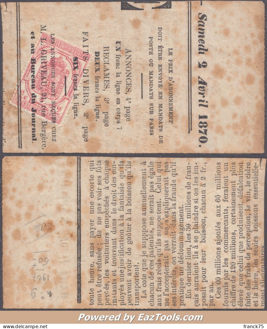 2c Rose Journaux N° 9 Oblitéré TB Sur Fragment (cote +++115€) - Newspapers