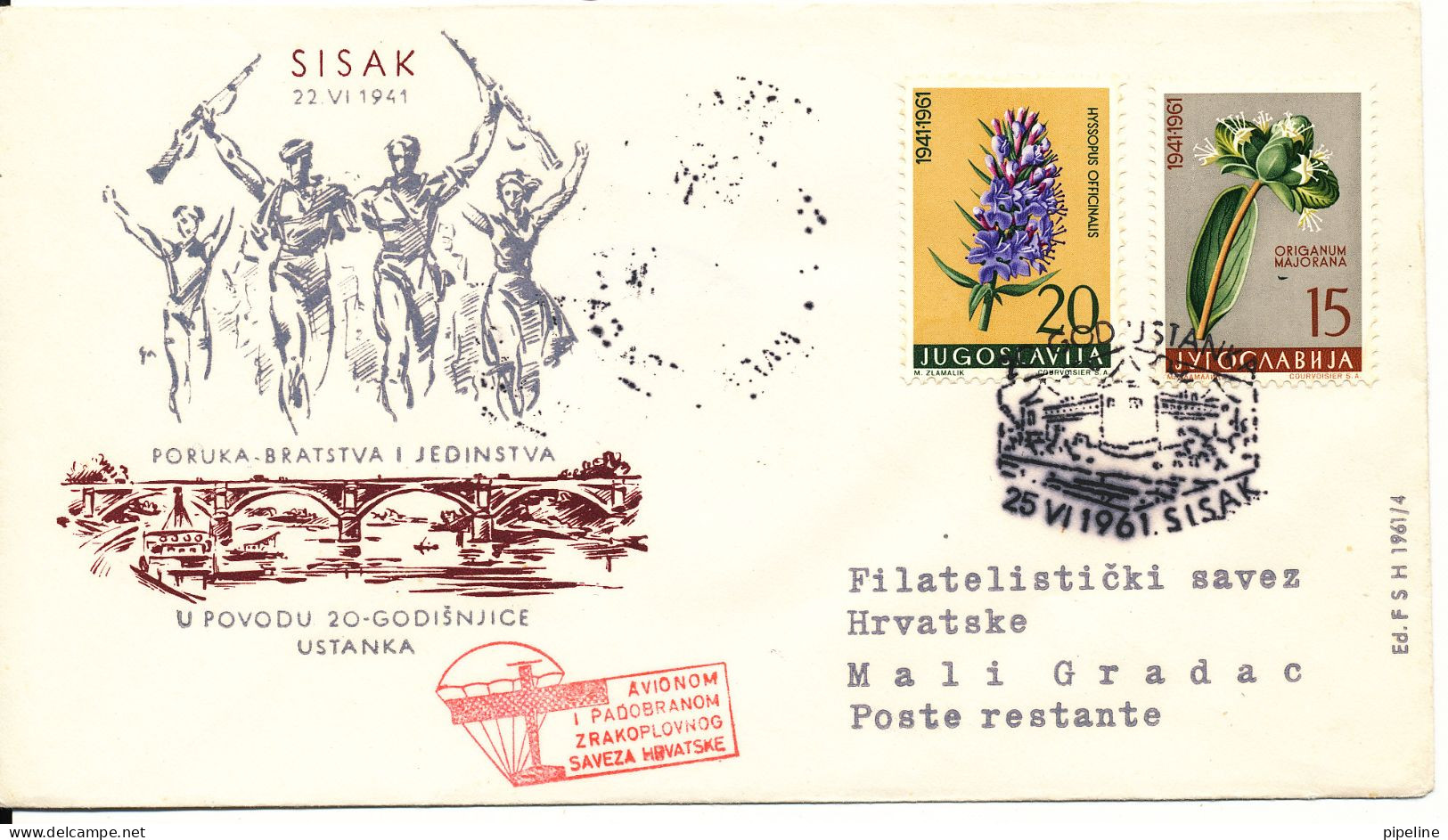 Yugoslavia Cover Parachute Mail 25-6-1961 (only 3500 Copies) - Brieven En Documenten