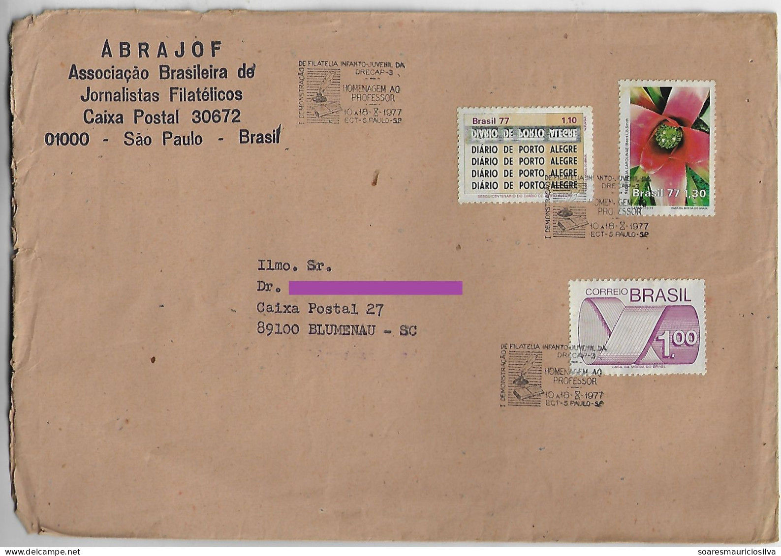 Brazil 1977 Cover From São Paulo To Blumenau 3 Stamp + Commemorative Cancel Youth Philately And Tribute To The Teacher - Briefe U. Dokumente