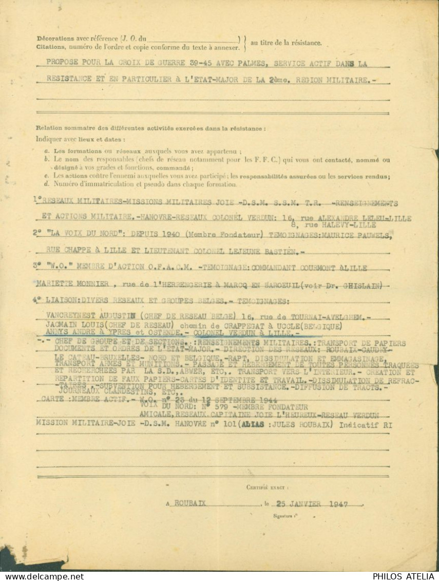 Guerre 40 Demande Carte Combattant Volontaire De La Résistance à Roubaix 25 1 47 Suite Contacts Réseau Ds Résistance - Oorlog 1939-45