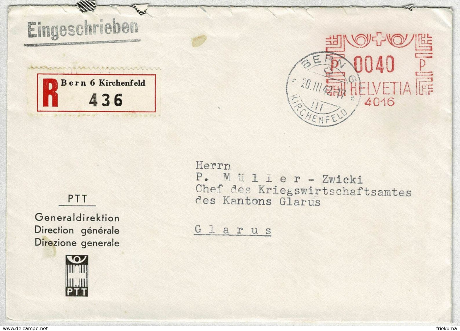 Schweiz 1942, Brief Einschreiben Freistempel Generaldirektion PTT Bern - Glarus,  Souvenir Ausgabetag Altstoffmarken  - Frankeermachinen