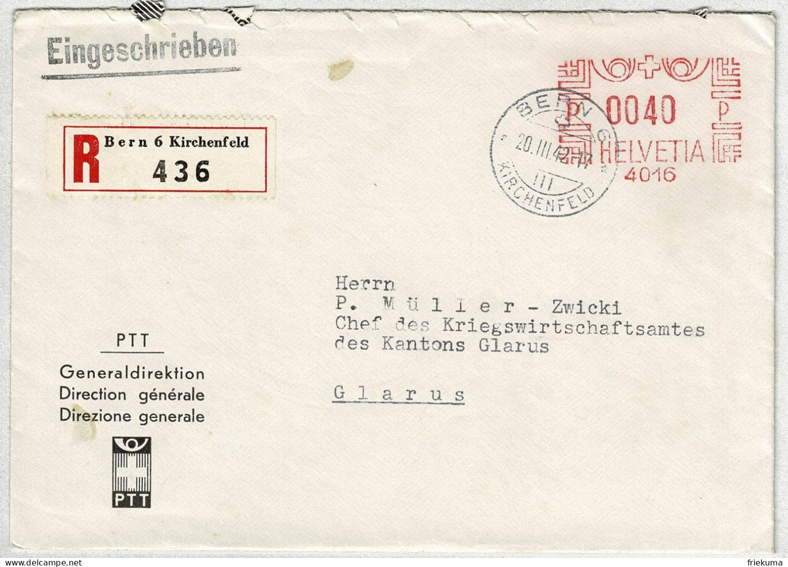 Schweiz 1942, Brief Einschreiben Freistempel Generaldirektion PTT Bern - Glarus,  Souvenir Ausgabetag Altstoffmarken  - Postage Meters