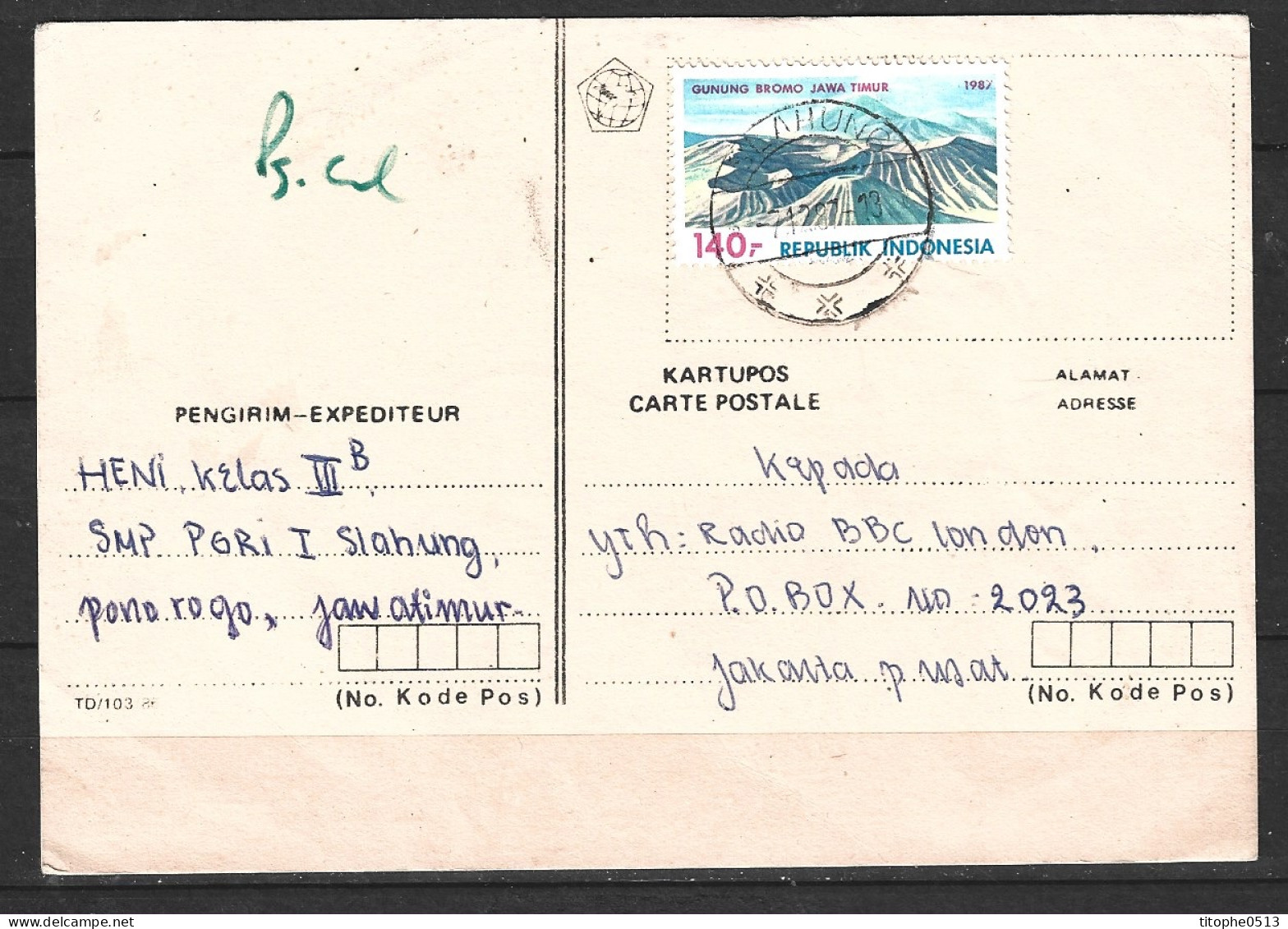 INDONESIE. N°1125 De 1987 Sur Carte Ayant Circulé. Volcan. - Vulcani